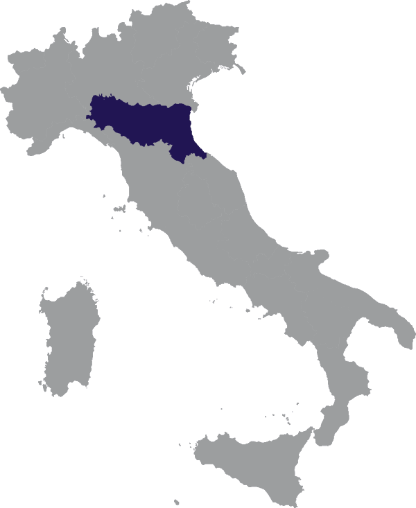 Landkaart Italië grijs met regio Emilia-Romagna donkerblauw op transparante achtergrond - 600 * 733 pixels